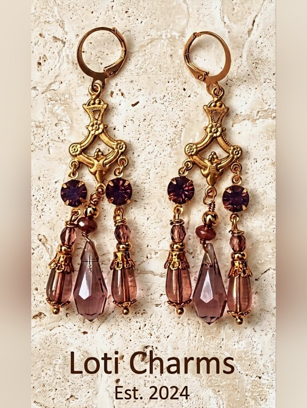 Victorian Amethyst Opal Crystal & Glass In Gold Plated Chandelier Earrings